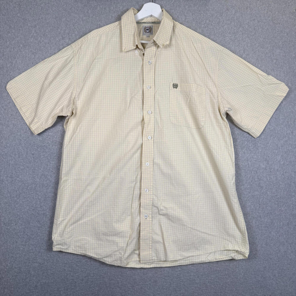 Cinch Men's Size Large Pale Yellow Blue Striped Short Sleeve Button Down Shirt